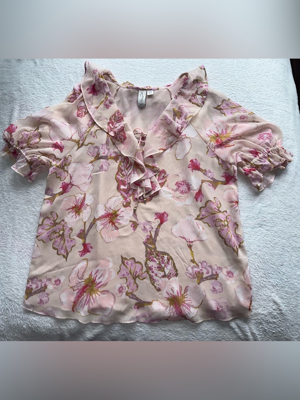 Joie Floral Ruffle Blouse Pink Sheer Puff Sleeve Tie Front Romantic Boho Top